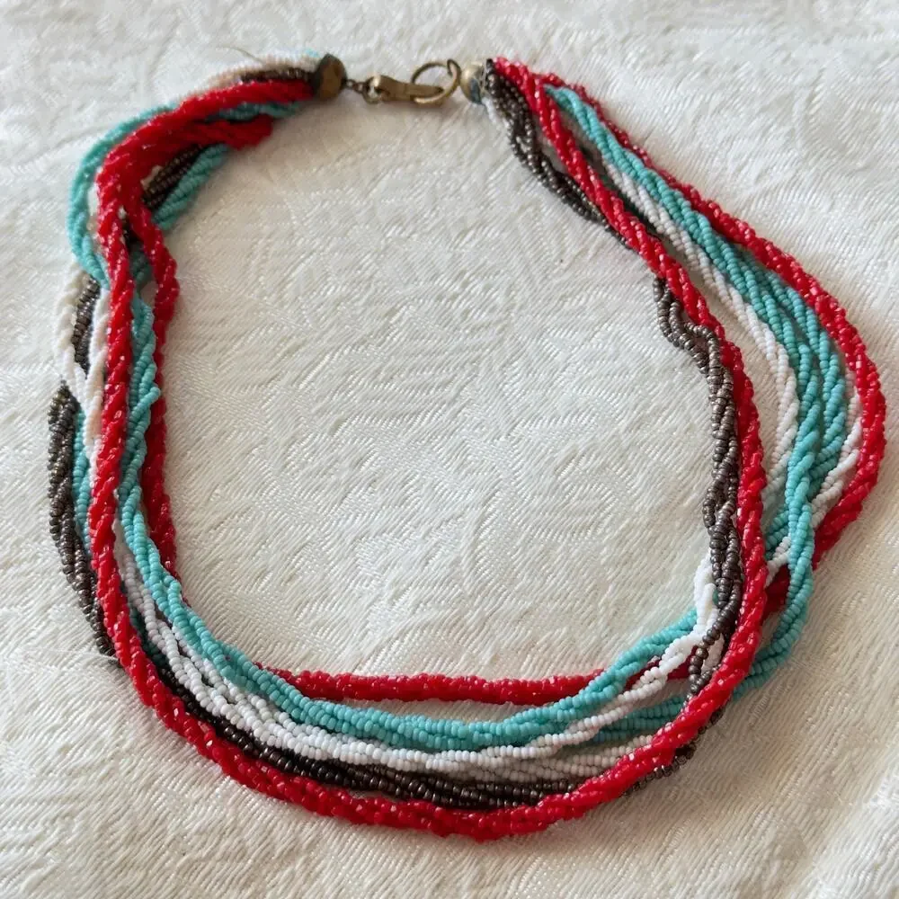 16” Vintage Glass Micro Seed Bead Necklace Multi Red Blue White Gray 1940s-60s